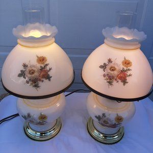 One Vintage Handpainted Milk Glass Electric Hurricane Table Lamps 1960s